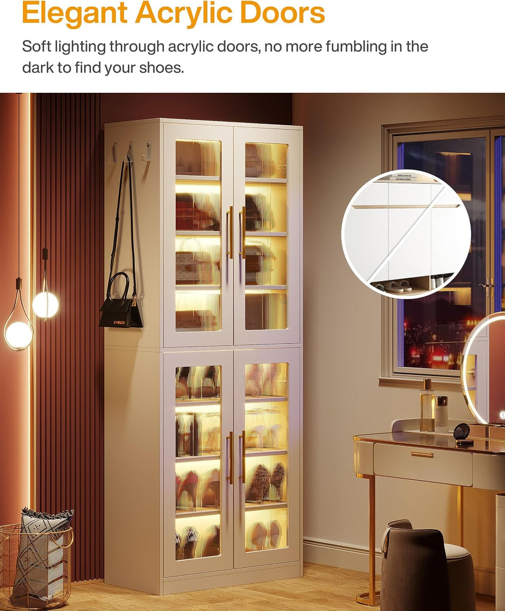 Tribesigns Tall Shoe Storage Cabinet with Acrylic Doors and LED Lights, 8-Tie...