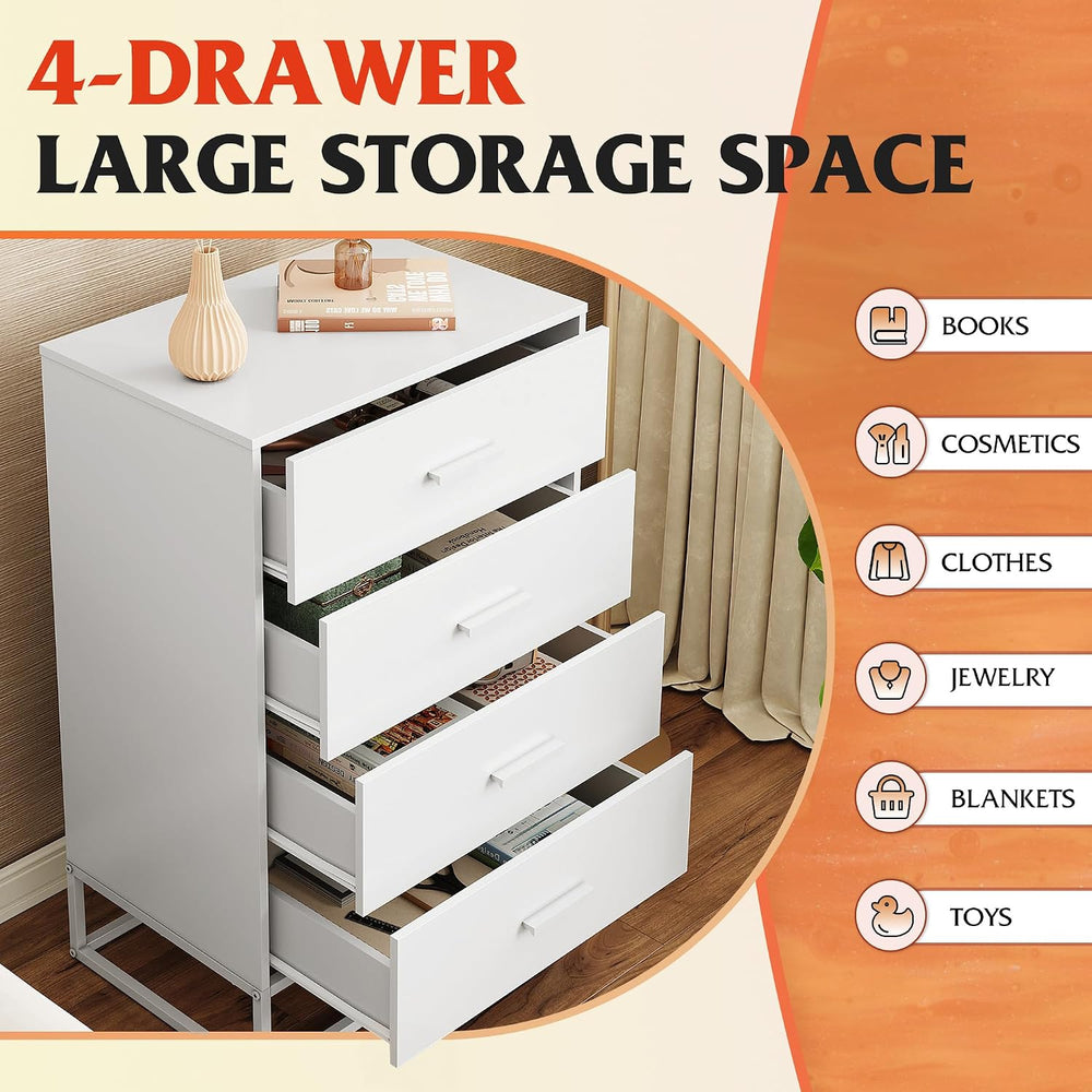 White Dresser for Bedroom with 4 Drawers, Tall Wooden Chest of Drawers with S...