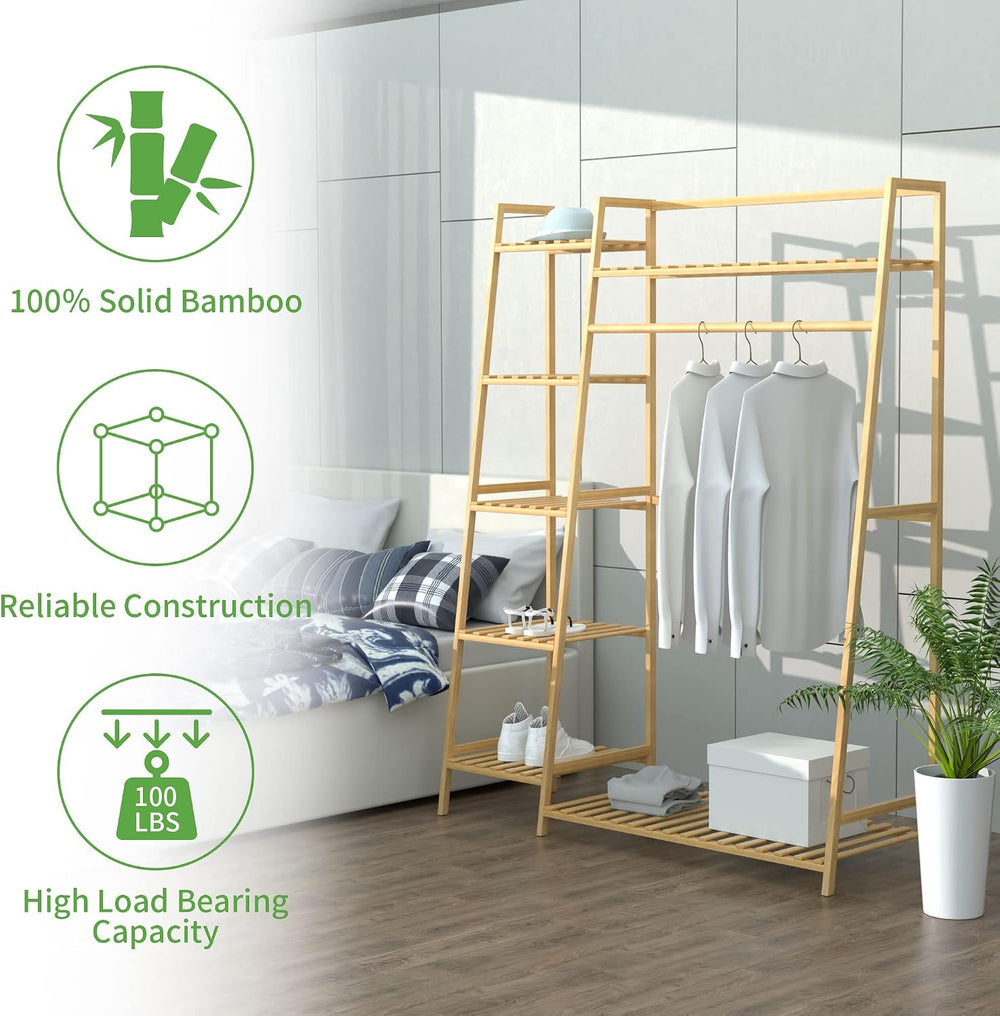 RELIANCER Bamboo Clothing Garment Rack,Free Standing Clothes Coat Hanger,Clos...