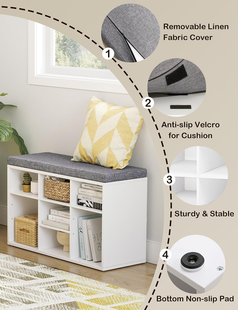 DINZI LVJ Shoe Storage Bench with Cushion, 31.5" Cubby Shoe Rack, 9 Cubbies