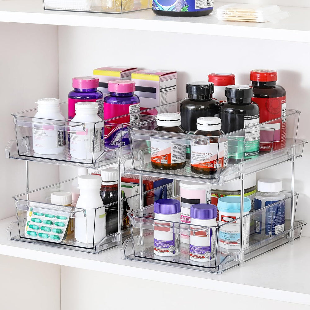 2 Set, 2 Tier Clear Organizer with Dividers for Cabinet, Shlef, Counter - Mul...