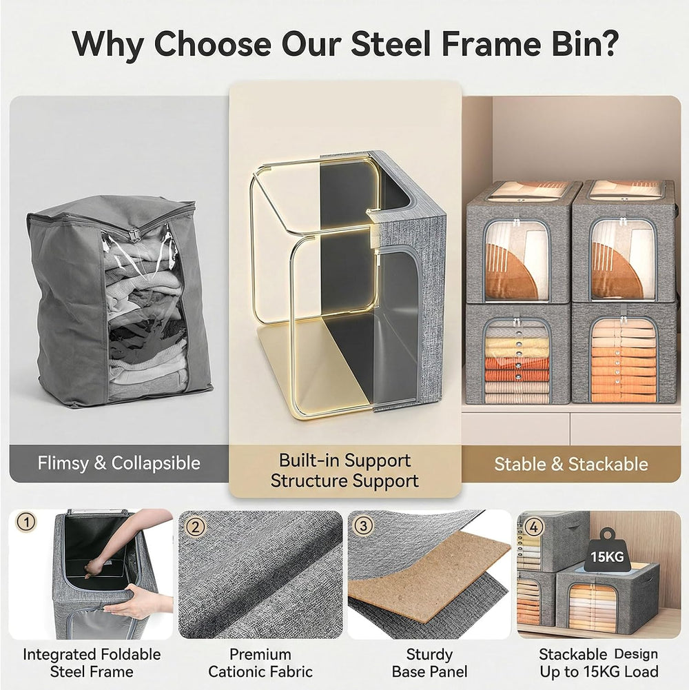 GoMaihe Blanket Storage Bins with Metal Frame for Closet, 55L 4-Pack Grey