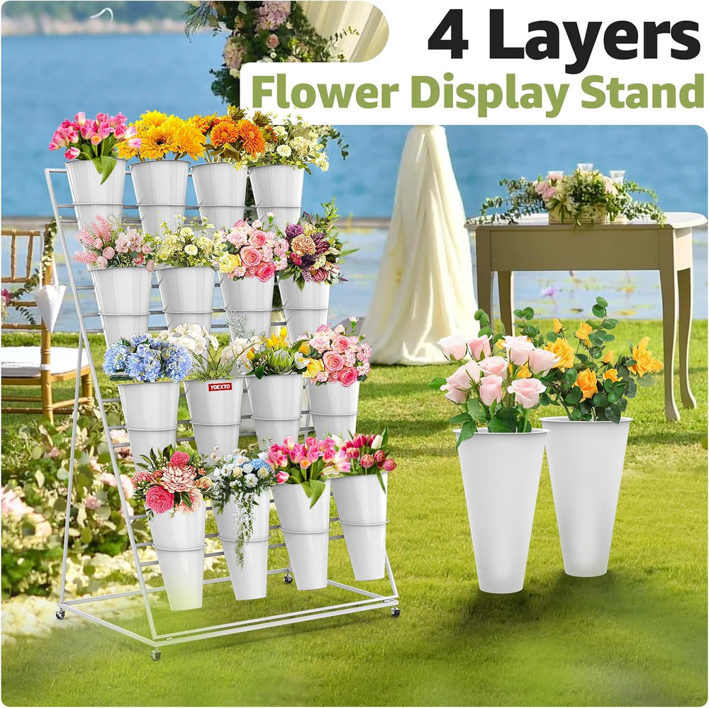 4 Layers Flower Display Stand with Buckets, 16 PCS Buckets Plant Stand with W...