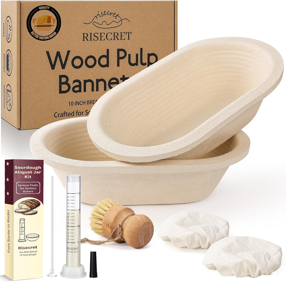 Non-Stick 10" Oval Wood Pulp Banneton Bread Proofing Basket Set Of 2 Wit...