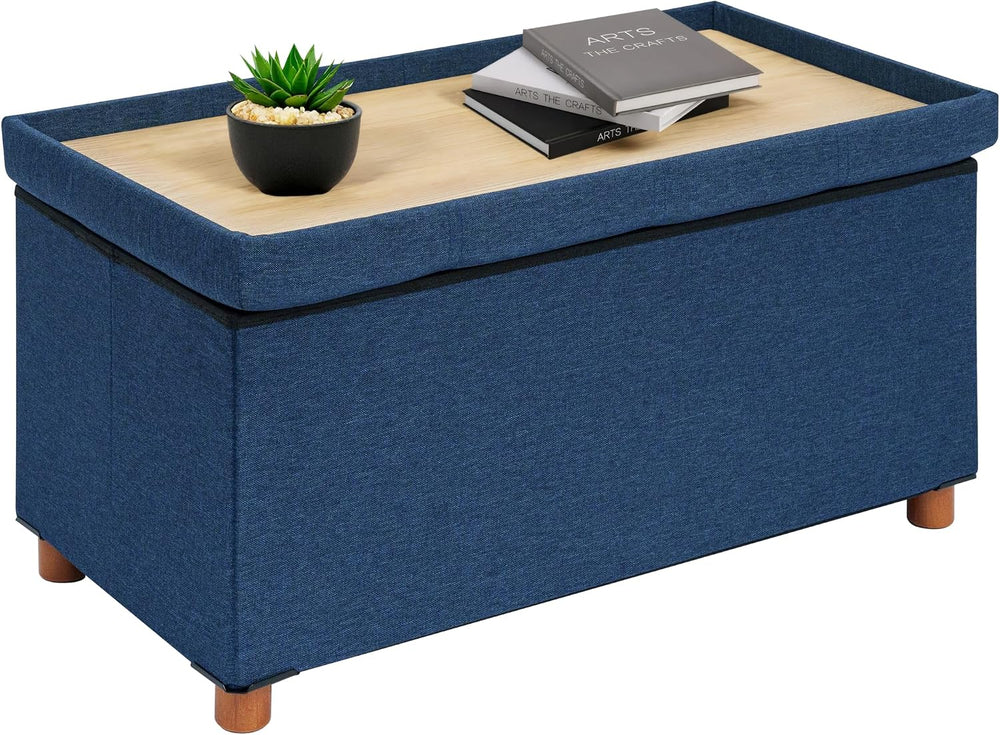 B FSOBEIIALEO 30" Folding Storage Ottoman with Tray, Wood Legs, Linen Blue