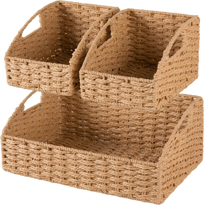 OIAHOMY Pantry Baskets for Organizing, Paper Rope Baskets with Built-in Handles, Wicker Storage Baskets for Shelves, 3 Pack-Yellow