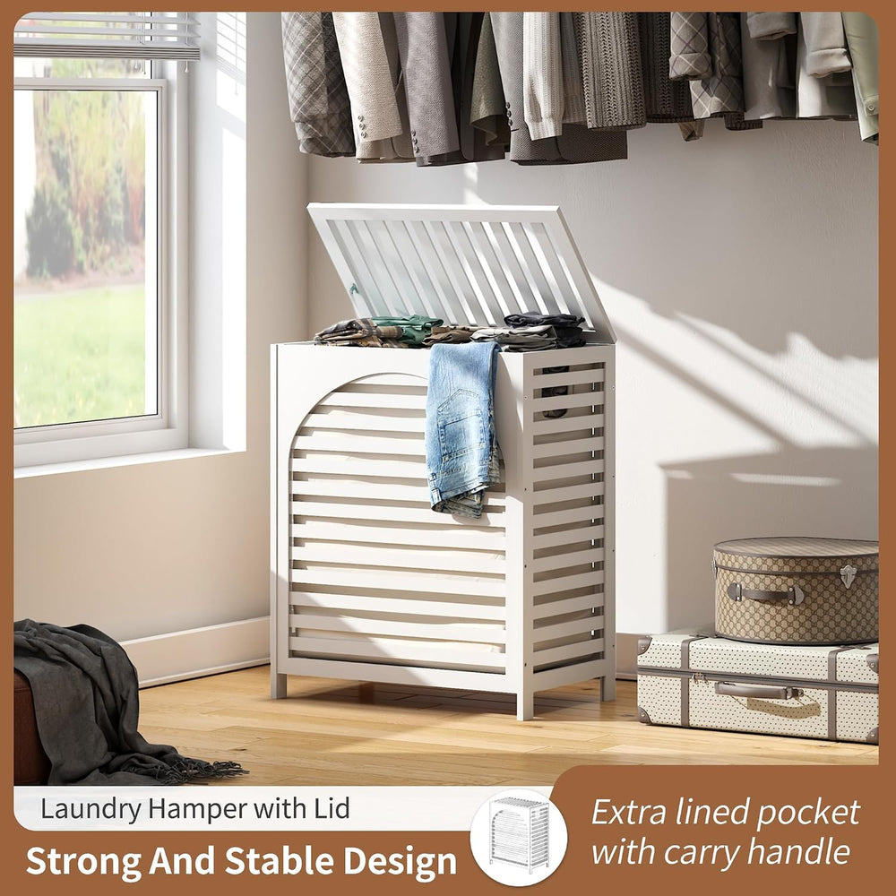 Laundry Hamper with Lid, Bamboo with Handles and Removable Liner Bag, 125L La...
