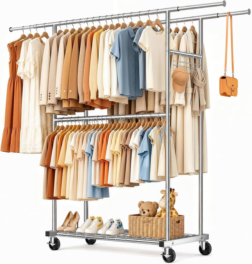 Heavy Duty Clothes Rack Load 550LBS, Rolling Clothing Rack Silver
