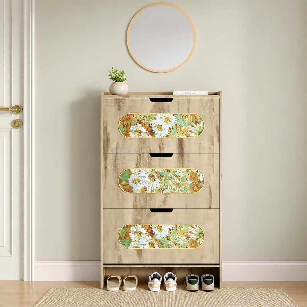Shoe Cabinet with 3 Flip Drawers and Floral Fabric Panels, Light Oak