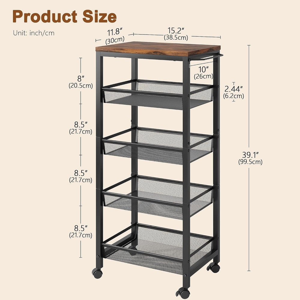 Hoctieon Rolling Storage Cart, 5-Tier 11.8" Wide Panel Kitchen Storage C...