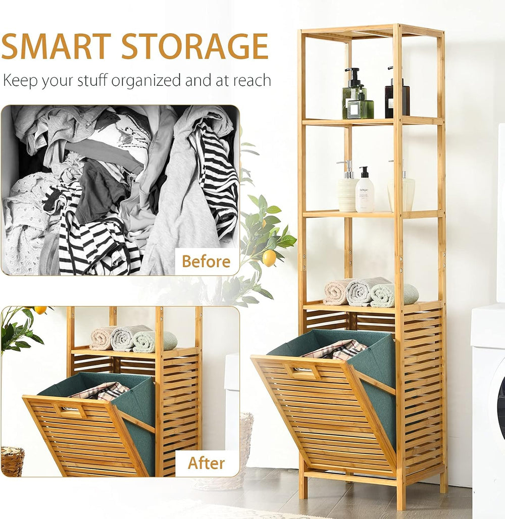 4 Tier Bamboo Shelves with Tilt Out Laundry Hamper, Freestanding Storage Shel...