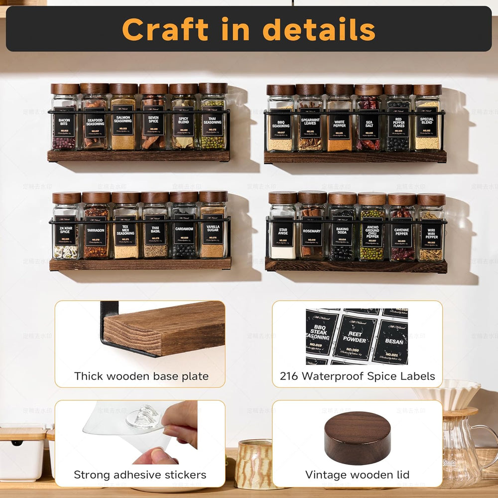 4-Tier Wall Mount Spice Rack Organizer with 24 Glass Jars, 216 Labels & F...