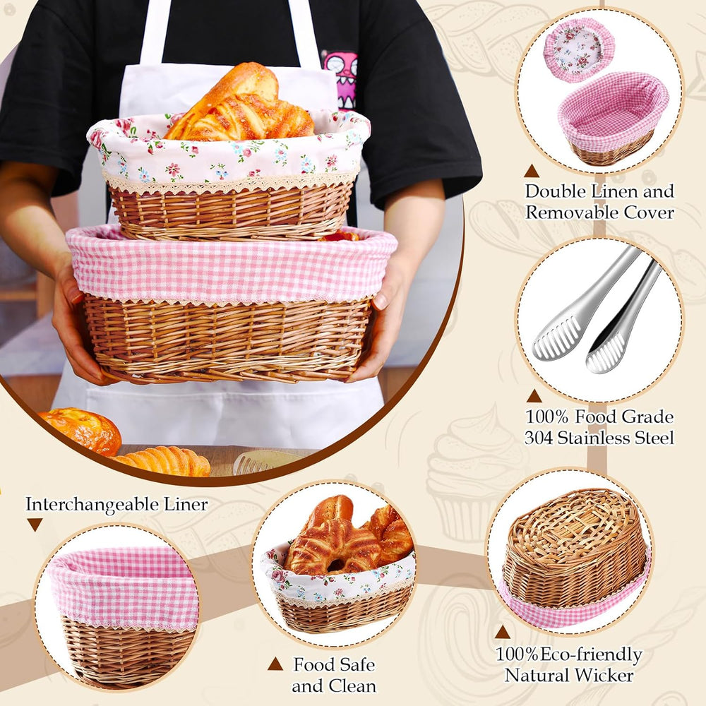 Qinyoung 2 Sets Wicker Bread Baskets with Liner and Tong, Fresh Style
