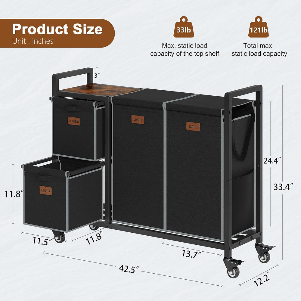 Hoctieon 4 Section Laundry Cart, 52.8 Gal. (200L) Laundry Hamper with Lid, La...