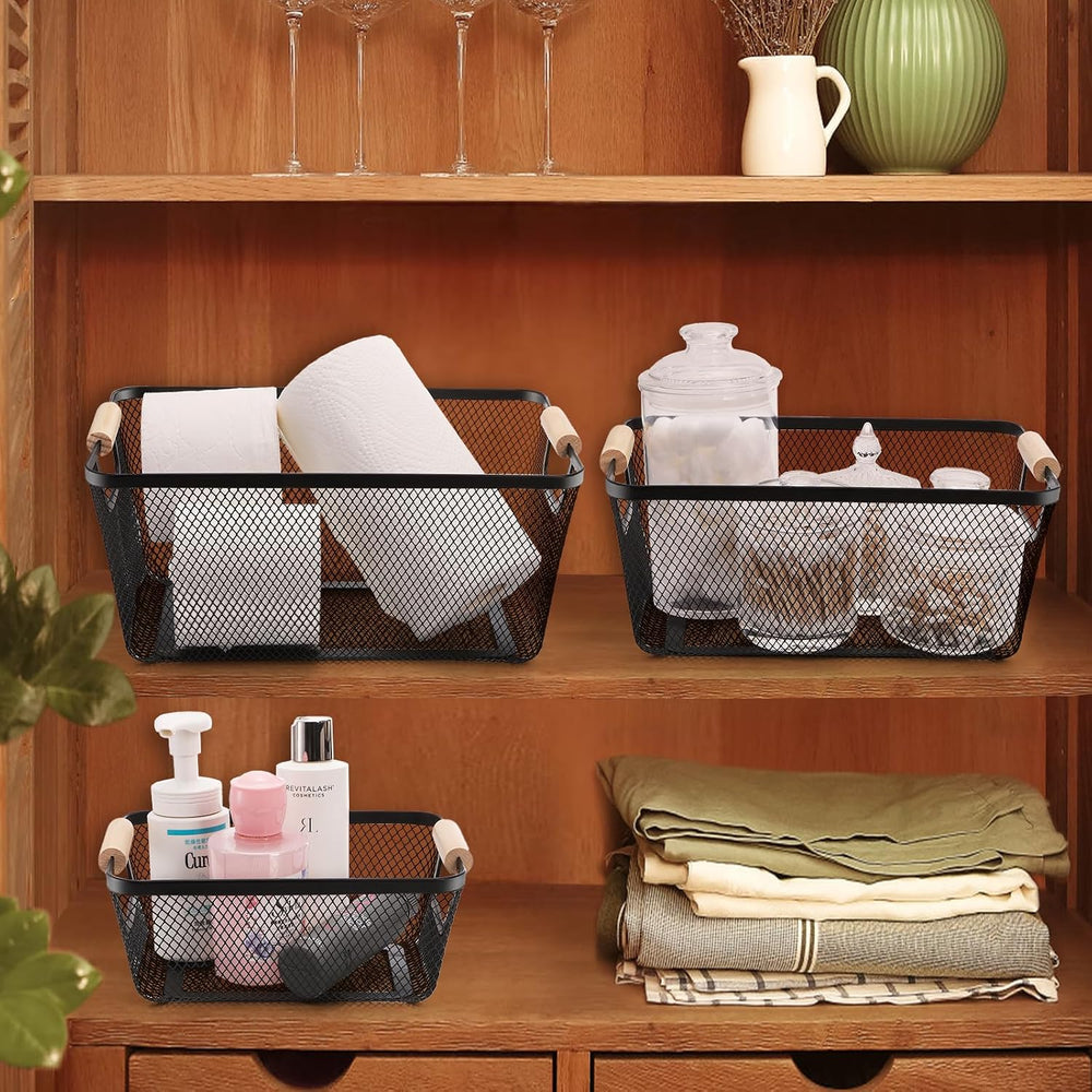 Noamus 3 Pack Metal Mesh Basket with Wooden Handle, Farmhouse Wire Steel Stor...