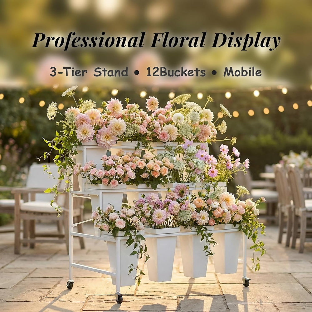 3 Tier Plant Stand with 12 Buckets, White Metal Flower Cart for Patio Garden ...