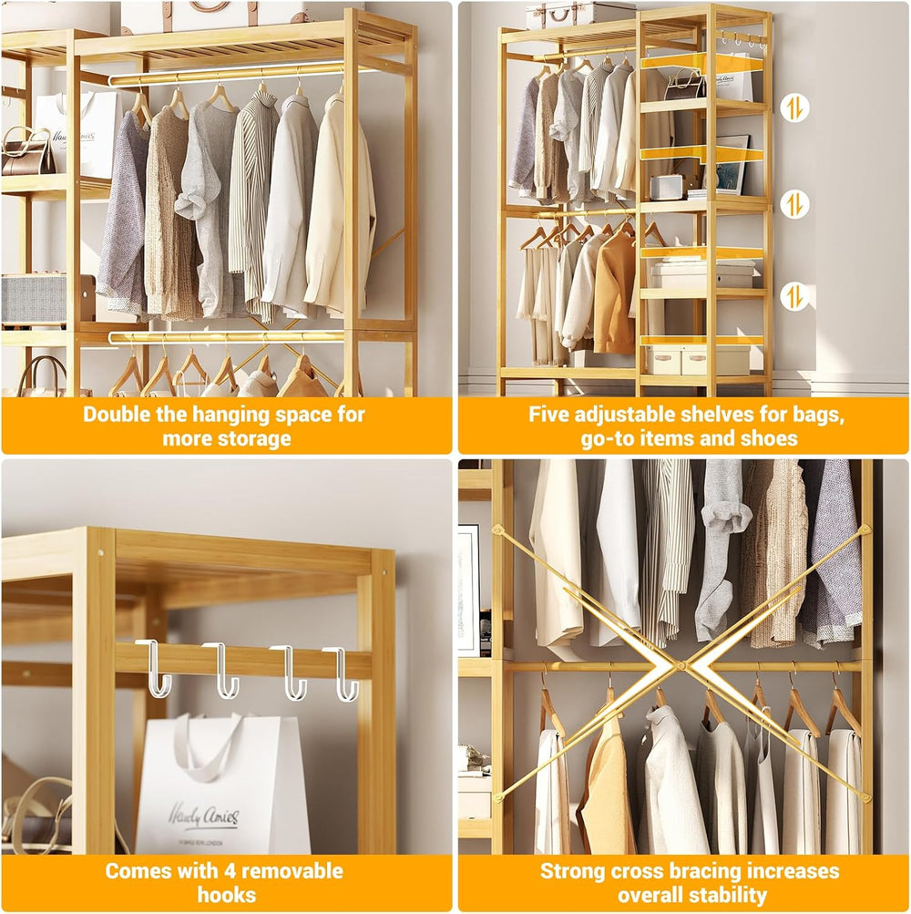 Homykic Bamboo Closet System, 41.4” Wide Clothing Rack, 78.8” Tall