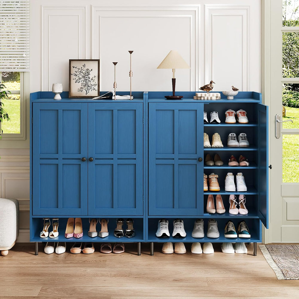 ComfyCorner Shoe Cabinet with Cross Molding Doors, 6-Tier Storage, Blue