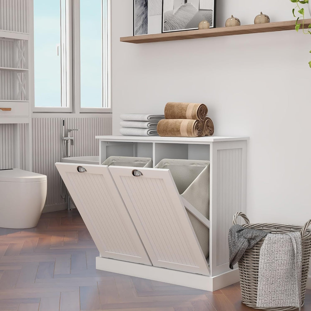 RASOO Double Tilt Out Trash Cabinet White Free Standing Laundry Sorter Cabine...