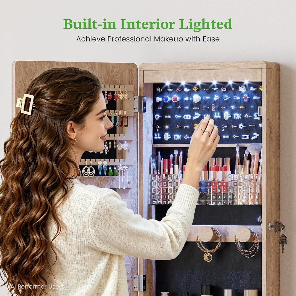 HNEBC Over the Door Organizer, Jewelry Cabinet with Lights,Brown