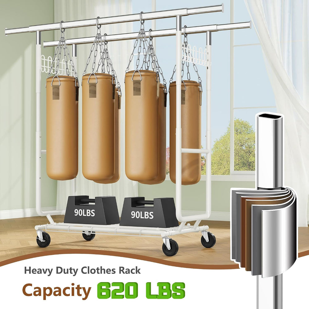 Hoctieon 2-Minute Assembly Double Rod Clothes Rack, Heavy Duty Rolling Clothi...