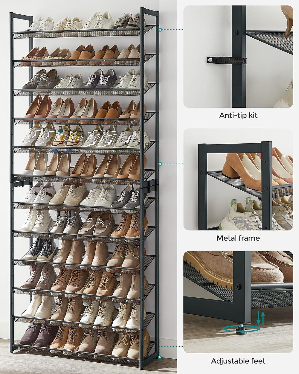 SONGMICS Metal Shoe Rack, 12-Tier Shoe Orgainzer, Holds 48-60 Pairs
