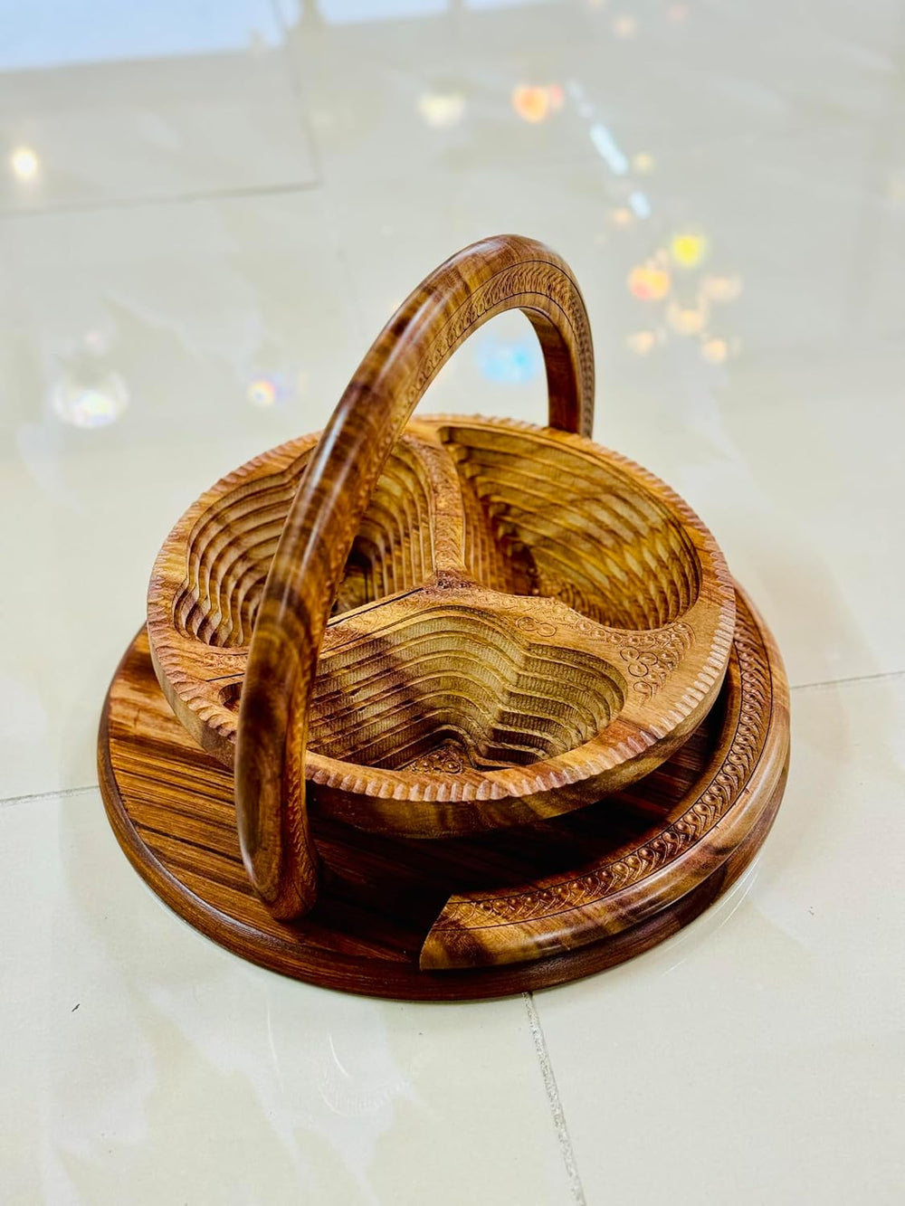 Handmade 12″ Collapsible Wooden Basket, 3-Compartment Angel Wings Design in H...