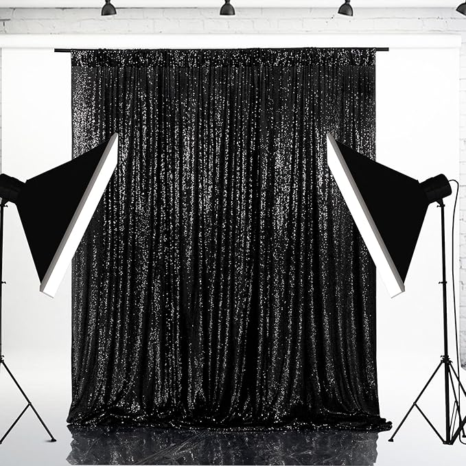 Eternal Beauty Black Sequin Backdrop, 8x8 Ft Halloween Glitter Background Cur...