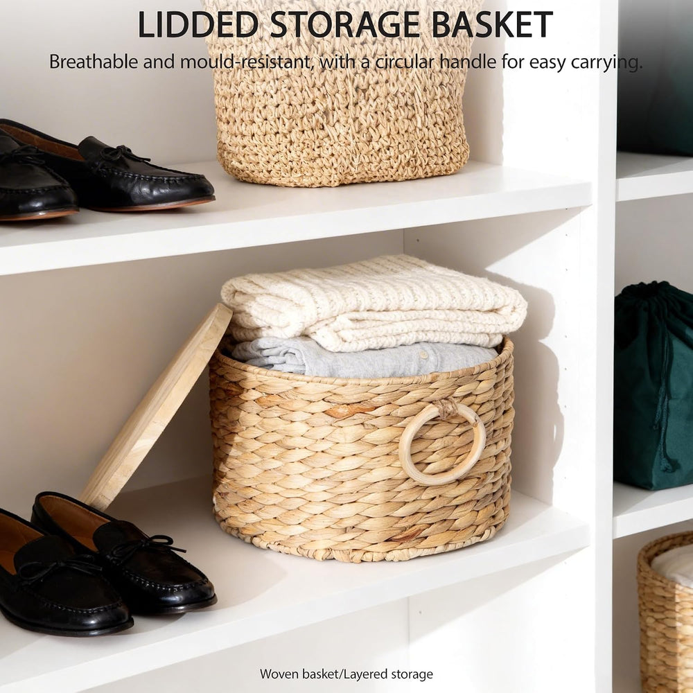 Woven Water Hyacinth Storage Basket Set of 2 with Lids