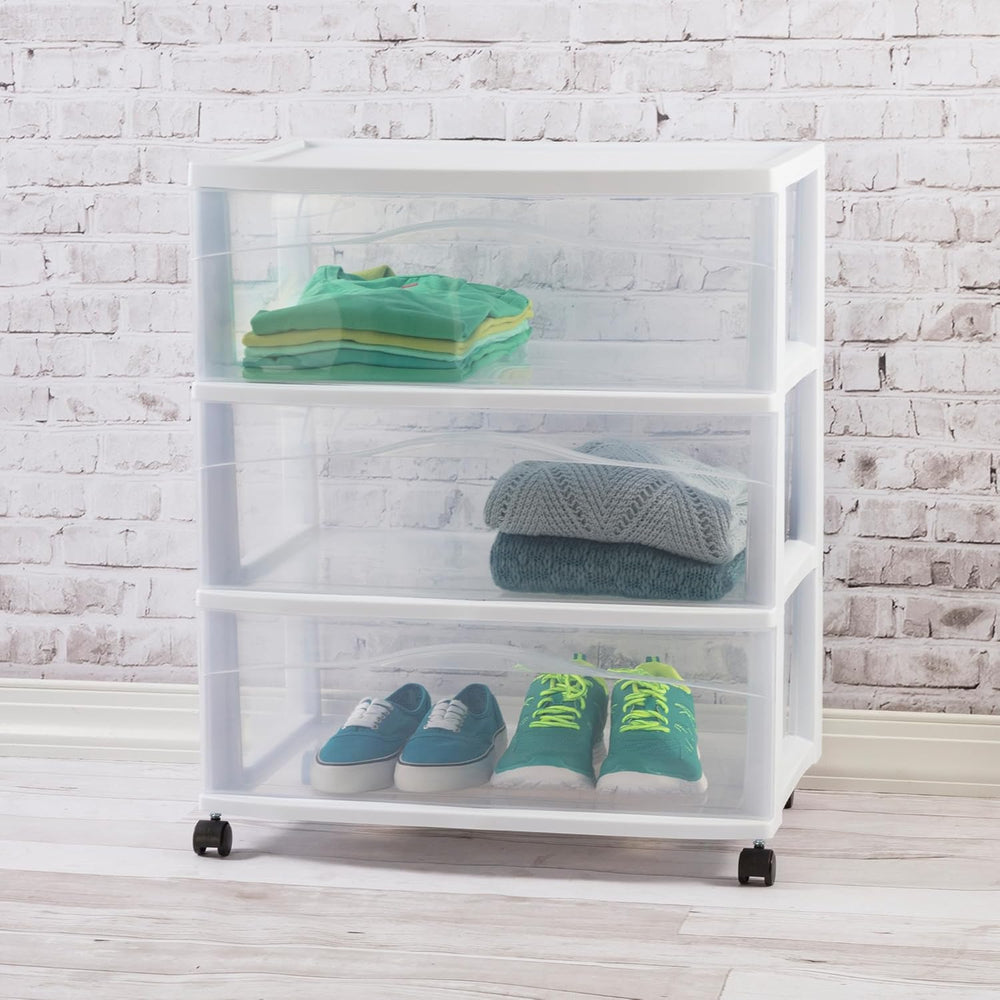 Sterilite Wide 3 Drawer Storage Cart Plastic Rolling Organizer, White Frame