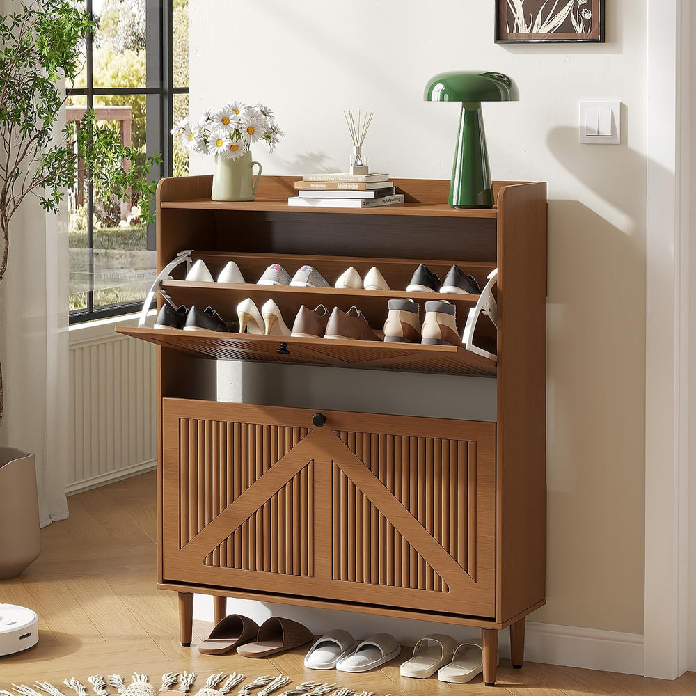Narrow Shoe Storage Cabinet with 2 Flip Drawers for Entryway (Walnut)