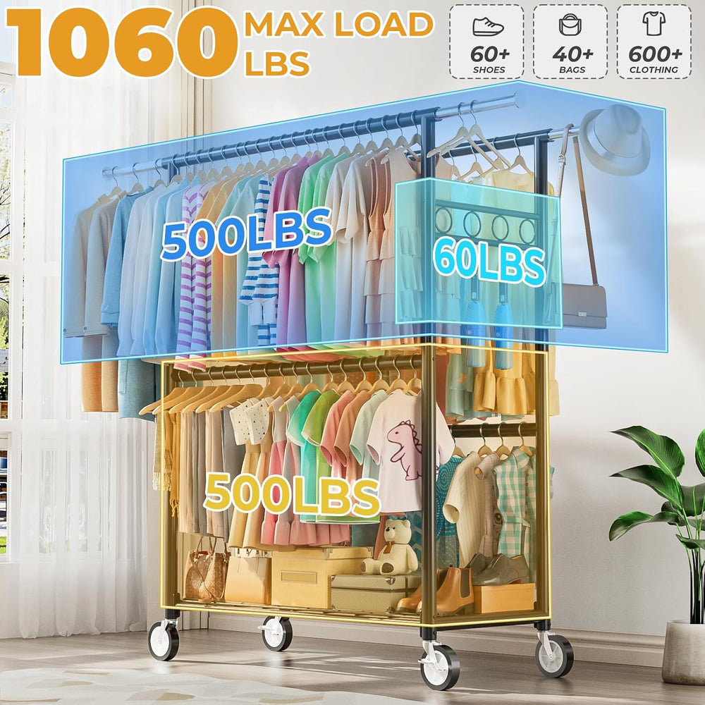 Heavy Duty Clothes Rack Load 1060LBS, Four Rods Rolling Clothing Racks for Ha...