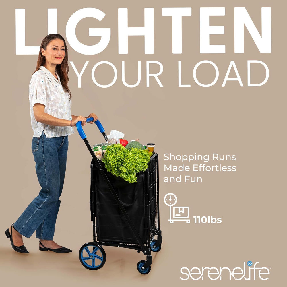 SereneLife Large Folding Utility Shopping Cart with Removable Liner – Heavy D...