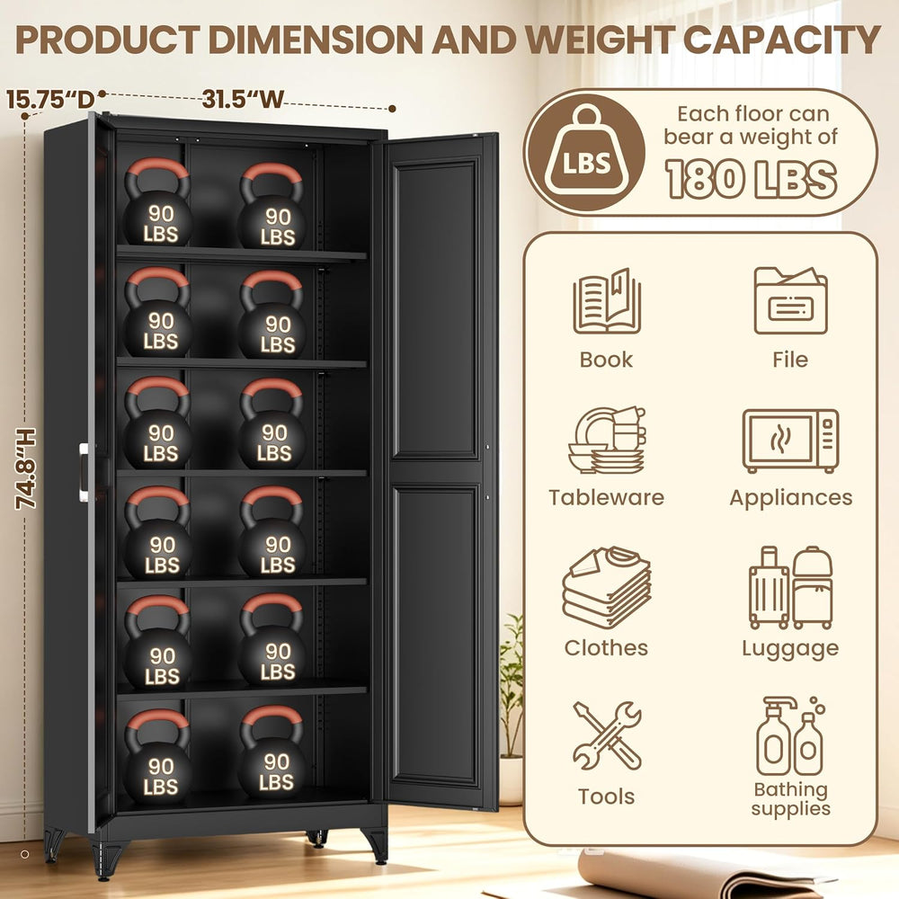 75" Metal Storage Cabinet, Garage Cabinet with Doors and Shelves