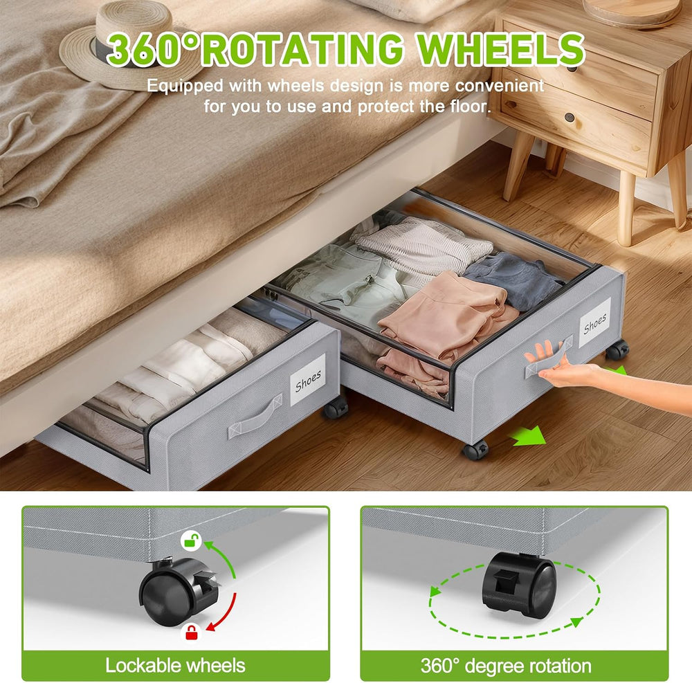 Under Bed Storage with Wheels, 2 Pack Under bed Storage Containers with Clear...