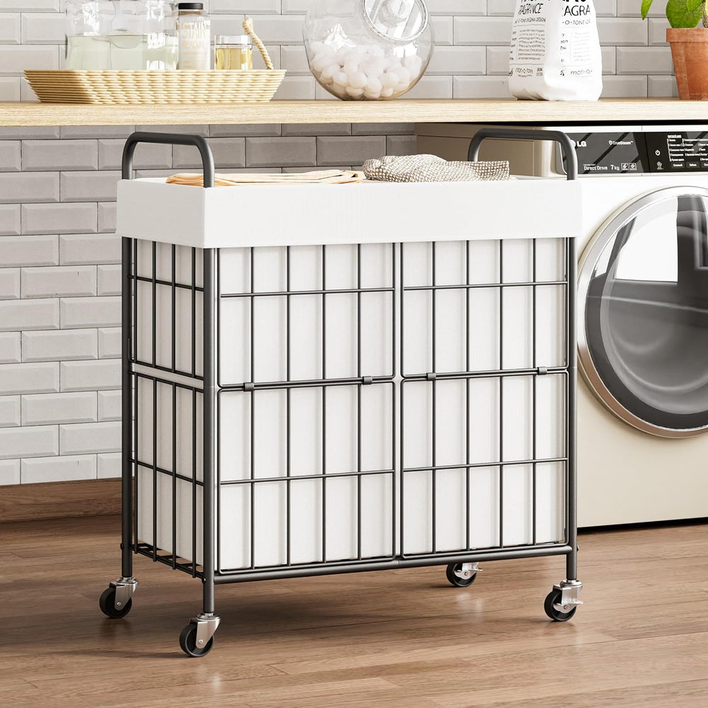100L 2-Section Laundry Hamper with Wheels, Laundry Basket with Liner Bag