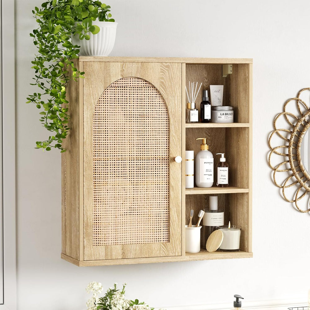 Rattan Bathroom Wall Cabinet with Door, Boho Medicine Wall Cabinets with Adju...