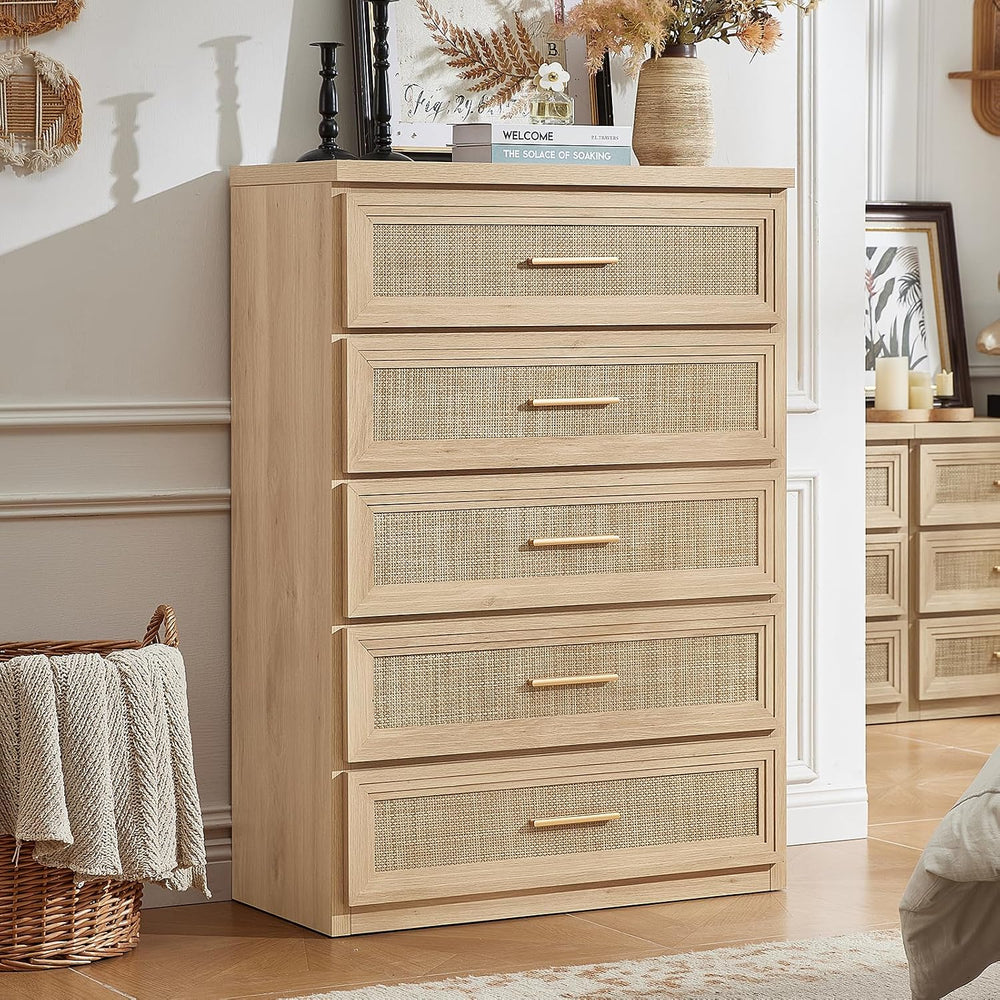 RWYHG Rattan Dresser for Bedroom 5 Drawer 45" Tall with Gold Handle