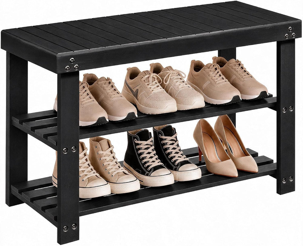 Amada 3 Tier Bamboo Shoe Rack Bench for Entryway, Living Room, Black