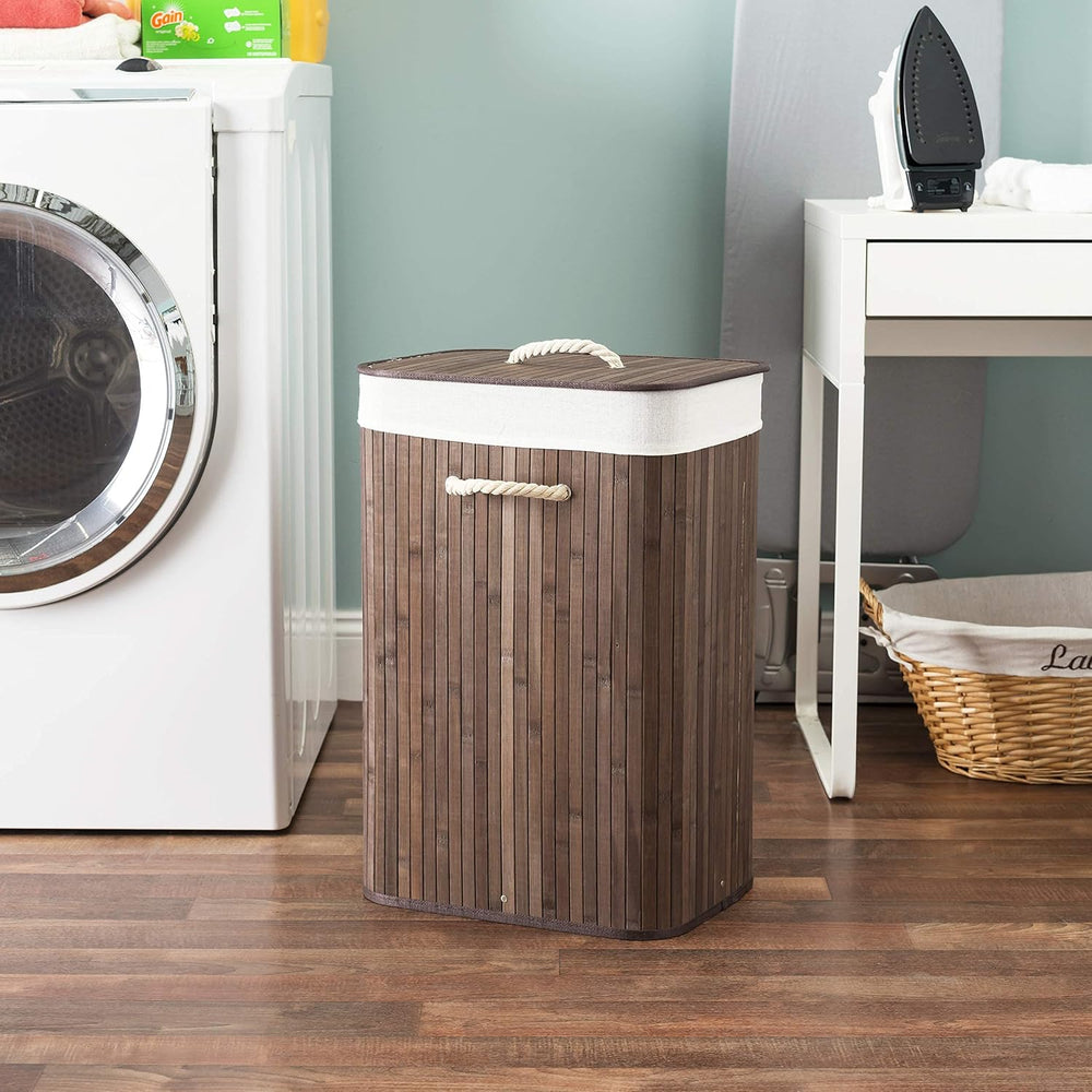 Home Basics Durable Foldable Bamboo Laundry Basket Hamper | Rectangular | Rem...