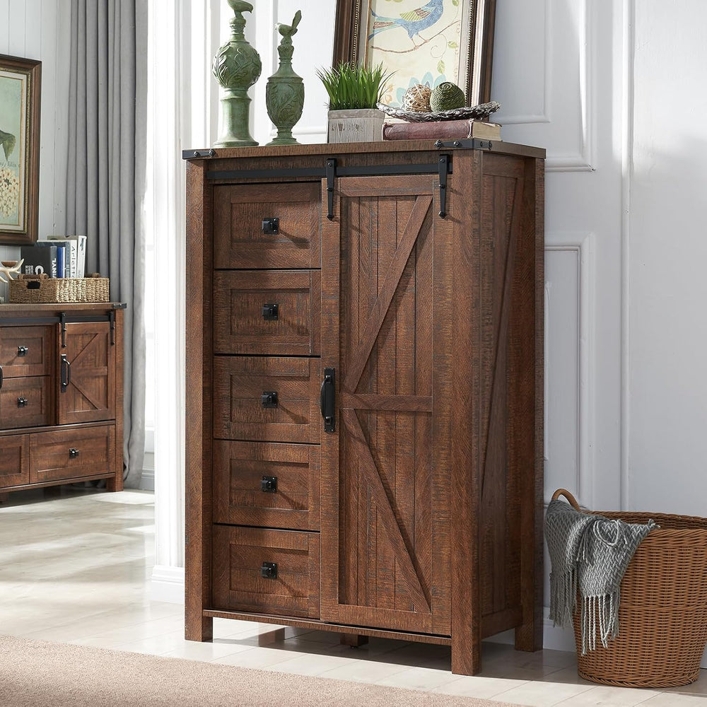 T4TREAM 5 Drawers Dresser with Sliding Barn Doors, Reclaimed Barnwood