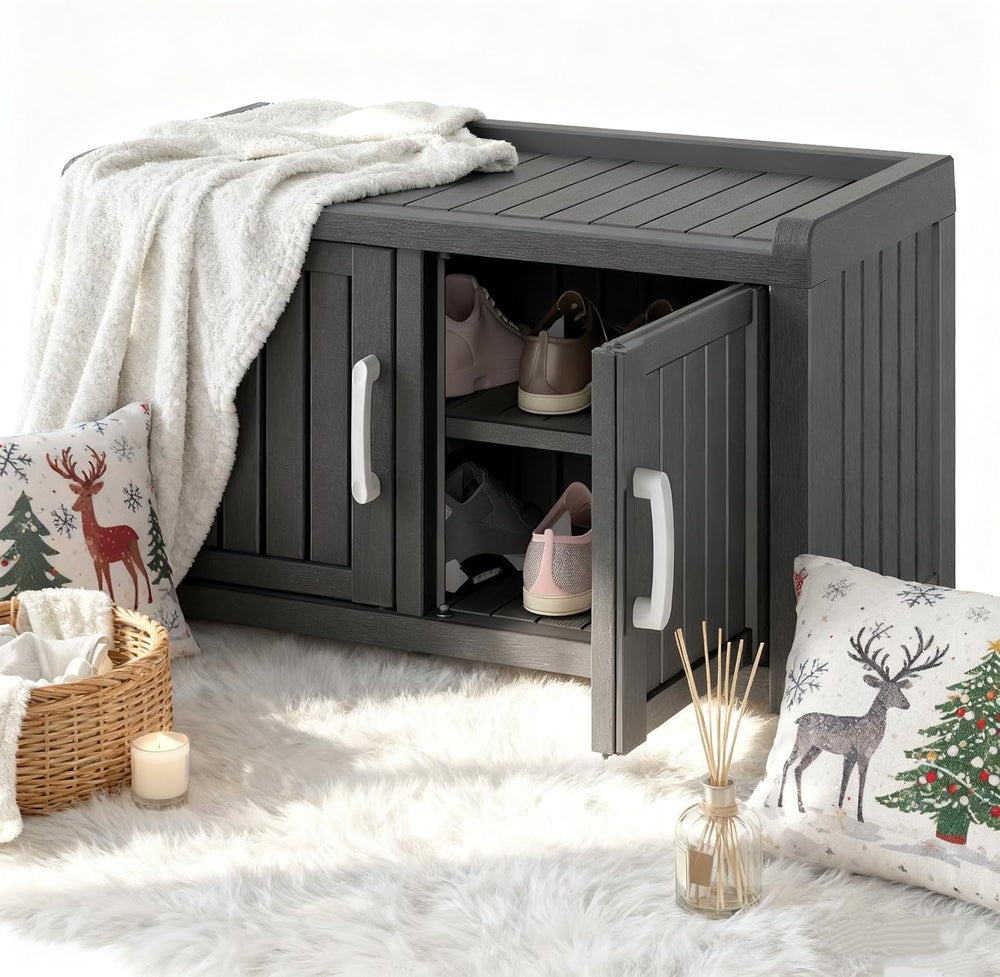 2-Tier Storage Bench, Waterproof UV-Resistant Outdoor Shoe Storage Cabinet wi...