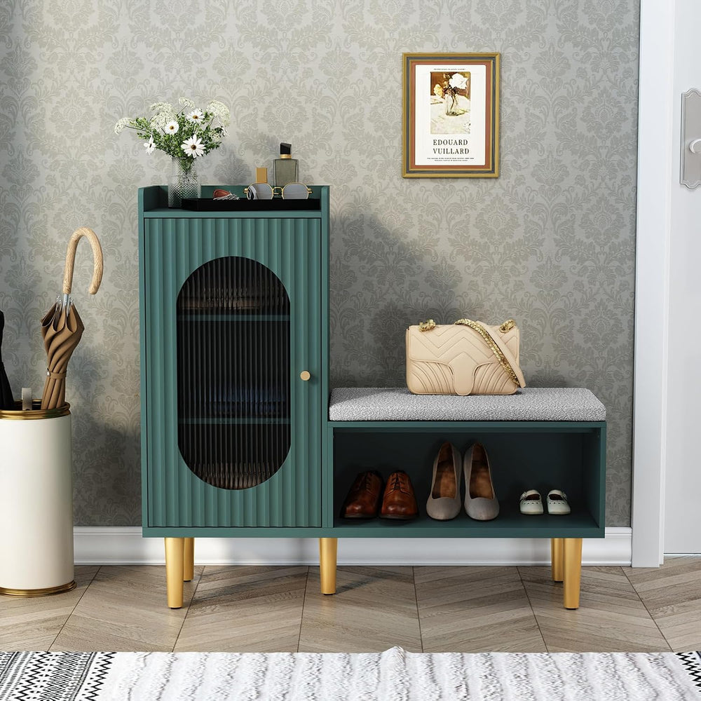 HLR Storage Bench Set of 2, Green Modern Entryway Shoe Cabinet Bench with Gla...