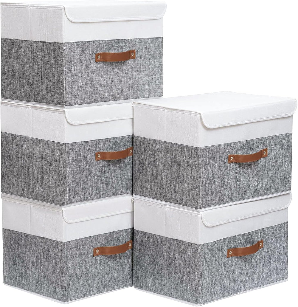 Yawinhe Fabric Storage Boxes with Lids,White/Grey,15.0x9.8x9.8in,5-Pack