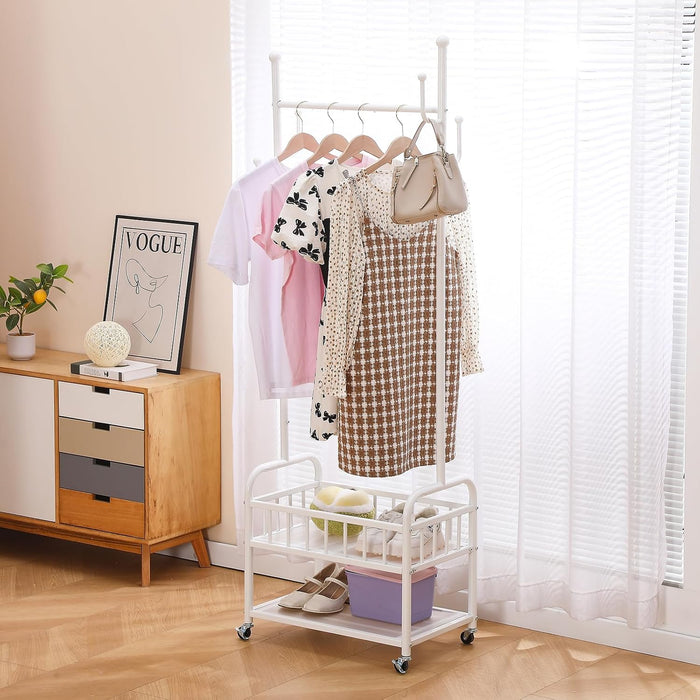 BOOSDEN White Rolling Clothing Rack with Basket, Metal Garment Racks