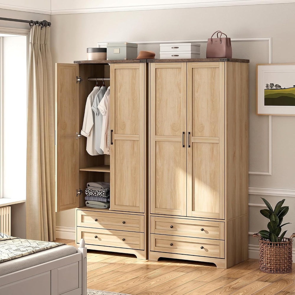 Brafab Wooden Armoire Wardrobe Closet with Drawers, Natural, Set of 2