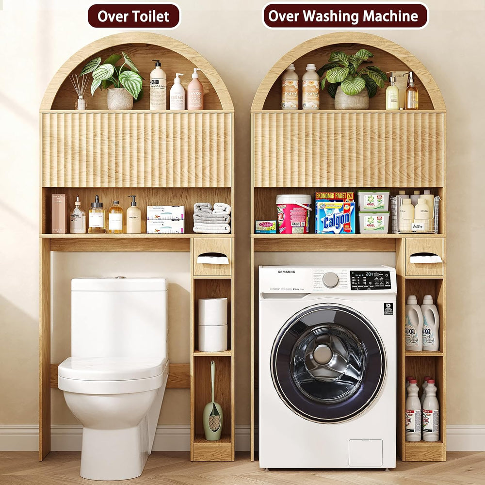 31" W Arched Over The Toilet Storage Cabinet, Fluted Doors, Natural