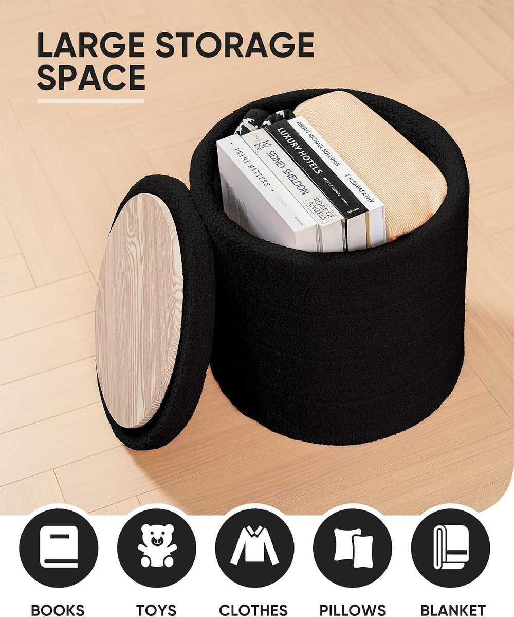 B FSOBEIIALEO Folding Storage Ottoman, Round Sherpa Ottomans, Black
