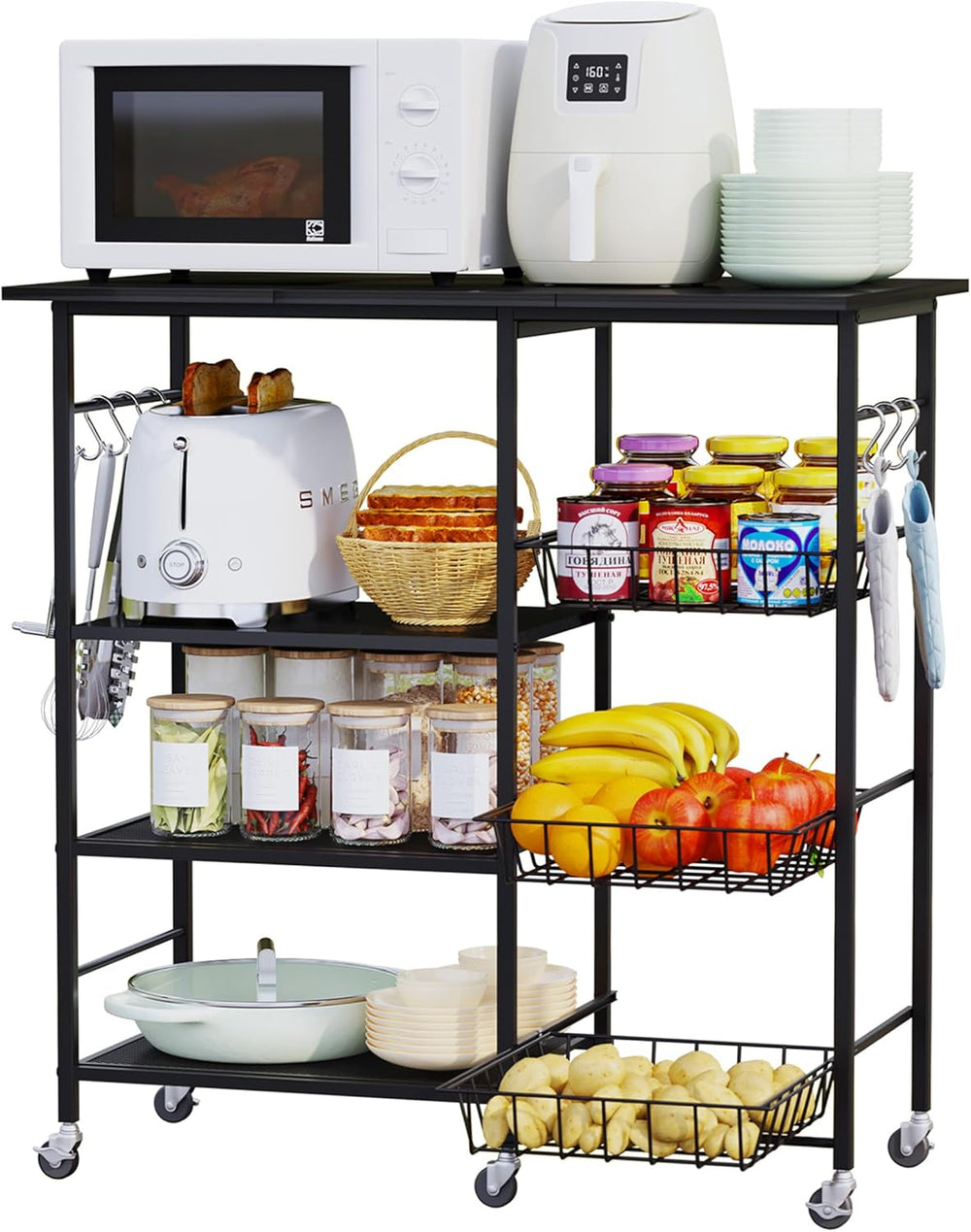 HapiRm Rolling Kitchen Microwave Cart - 4 Tier Microwave Table Stand with Pul...