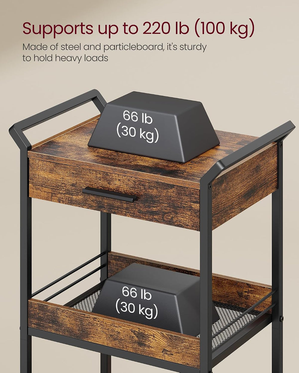 VASAGLE Storage Cart, 3-Tier Rolling Utility Cart with Table Top
